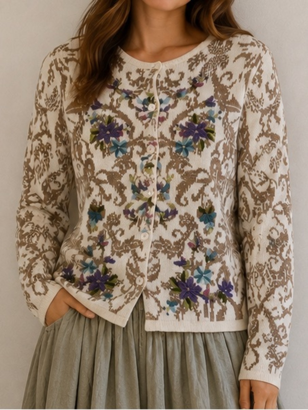 Coldwater Creek Large Floral Embroidered Cardigan Ramie Cotton Cottagecore